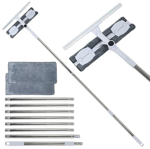 ASSRECT 3.88M Extendable Window Cleaning Kit 2-in-1 Rotatable Squeegee & Microfiber Scrubber Ladder-Free Tool for High Windows, Conservatory, Shower Glass & Car Windscreens