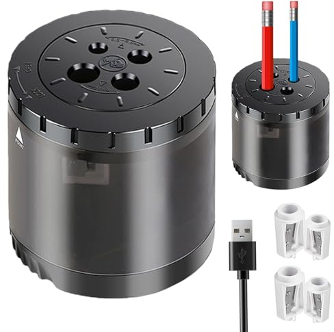 Elektrischer Anspitzer mit Behälter & 4 Ersatzklingen, Spitzmaschine Batterie und USB Betrieben, 4 Größen für 6-12mm Dicke & Dünne Stifte, Automatischer Bleistiftspitzer Elektrisch Spitzer (Schwarz)