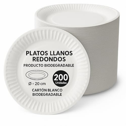 Platos de cartón blancos biodegradable, Plato de cartón llano redondo, apto para uso alimentario, Recomendado solo para alimentos secos, Certificado FSC® MIX 70%, Diámetro 20 cm, 200 unidades