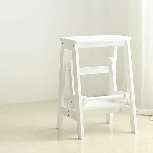 Taburete plegable multifuncional, taburete de madera blanca con dos escalones grandes, ideal para cocina, carreras y banco de zapatos a presión