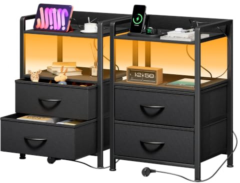 YOUDENOVA Nachttisch 2er Set mit LED-Beleuchtung, Nachtschrank mit Ladefunktion, Beistelltisch mit 2 Schubladen und 2 Offene Regale, Couchtisch fürs Wohnzimmer, Schlafzimmer, Schwarz