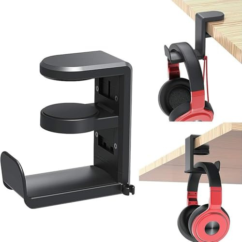 Plyisty Drehbarer Kopfhörerständer, Zum Anklemmen Unter Dem Schreibtisch, PC-Gaming-Headset-Halter, mit Kabelclip-Organizer, für die Organisation auf Dem Schreibtisch (Black)