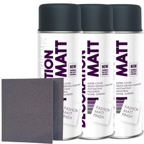 Craft-Equip DC 3er Sparpack Lackspray nach RAL in 400ml zur Lackierung von Auto Stahl Aluminium Beton Holz und 2 Stück Schleifpads (3 Dosen in anthrazit MATT RAL 7016 + 2 Stück Schleifschwamm)
