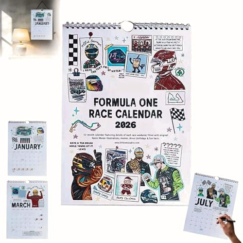 F1-Scrapbook-Rennkalender 2026, Der ultimative Rennkalender für Fans zur Wandmontage mit Streckenkunst, F1-Kalender 2026 für Formel-Rennsport-Fans, Motorsport-Erinnerungsstücke für echte