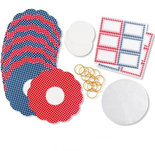 Vision4ever Gingham Jam Pot Covers for 1lb Jars | Preserves, Chutney & Pickle Wax Disc Cellophane Covers with Label