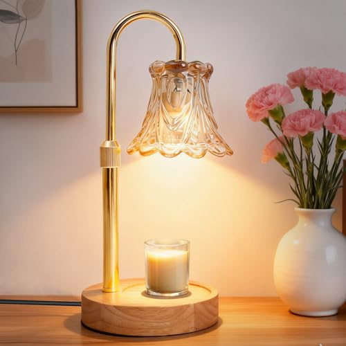 GLOWSHIRE Candle Warmer Lamp with Timer & Dimmer, Gold Candle Warmer Height Adjustable, 50W Bulb*2, Bedroom Decor Electric Candle Heater Lamp for Jar Candles, Birthday Gifts for Women.