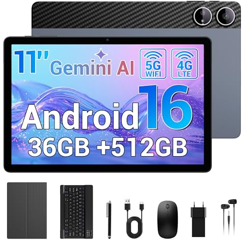 LORDWIT Android 16 Tablet 11 pollici, 36 GB RAM 512 GB ROM/1 TB TF, Dual SIM 4G LTE Tablet con tastiera, display HD IPS 90 Hz, Octa Core, Widevine L1, WLAN, GPS, tablet con custodia/cuffie/mouse/penna