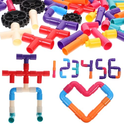 Alasum Set 96 Pezzi Blocchi di Costruzione a Incastro Tube, Giocattolo Educativo per Forme Geometriche Colorate, Stimola Creatività e Apprendimento Precoce, per Gioco Colore Casuale
