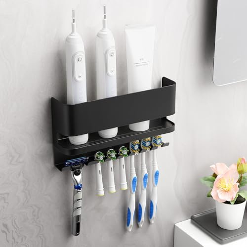 ALOCEO Zahnbürstenhalter Ohne Bohren, Zahnbürstenhalter eElektrische Zahnbürste aus Edelstahl Zahnbürstenhalter Wand, Elektrische Zahnbürste Halterung für 6, Schwarz