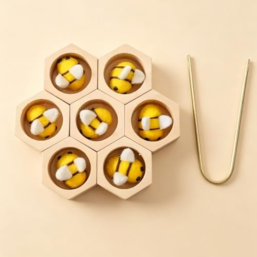 Jessruly Wooden Bee Hive Game – Montessori Sorting & Stacking Toy with Big Bee & Little Bee, Sensory Bin Starter Set for Early Cognitive Play (Yellow)