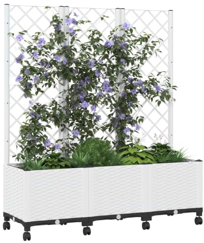 vidaXL Trädgårdslåda med staket och hjul, vit, 120 x 40 x 146 cm, PP