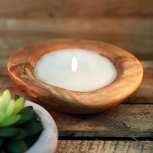 BURI Teakholz Kerzenschale 20cm Windlicht aus Massivholz mit Kerze - Natur handgefertigt Teak Holz Holzschale Dekoration Gartenlicht Terrassenlicht Dekokerze