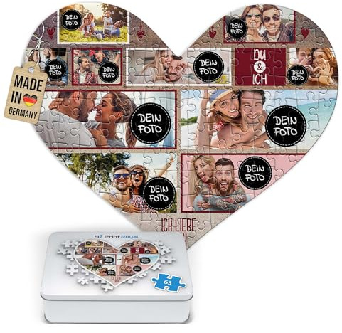 Foto-Puzzle selbst gestalten - Du & Ich - mit 10 Fotos Bedrucken - Herz-Puzzle Personalisieren - Geschenk zu Valentinstag, Jahrestag - 63 Teile inkl. Metalldose