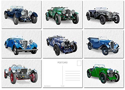 Oldtimer-Postkarten-Set – Set mit 8 klassischen Automobilbildern von 1966 bis 1973 – Vektor-moderne Kunst – alte Autos – atemberaubend cool auffällig – umweltfreundlich (keine Umgebungen) – UK –