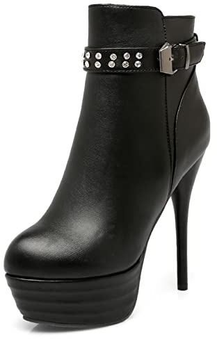 Bviennic Donna Eleganti Punta Rotonda Plateau Tacco Alto Polacchine Serata Sposa Vestito Inverno Borchiata Tacco A Spillo Stivaletti Fibbia Nero Numero 35 Eu