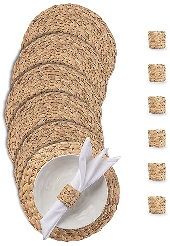 Laquedecraft 13.8 Set of 6 Round Water Hyacinth Placemats | Boho Woven Rattan Table Mats | Farmhouse Wicker Spring Plate Chargers Like Corn Husk, Seagrass for Wedding, Party, Christmas, Events