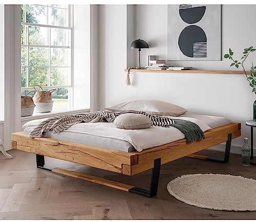 Lomadox Massivholz Doppelbett, 160x200 cm, Eiche massiv, ohne Kopfteil, Schwarze Metallkufen mit Massivholzeinsatz, B/H/T ca. 178/42/228 cm