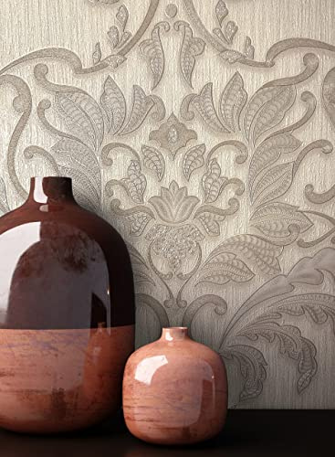 Newroom Vliestapete Beige Ornament Tapete Wohnzimmer Vintage | Damast-Rankenmuster, Glanzschimmer, Prägestruktur, klassisch barock glamourös, Mustertapete Schlafzimmer Flur