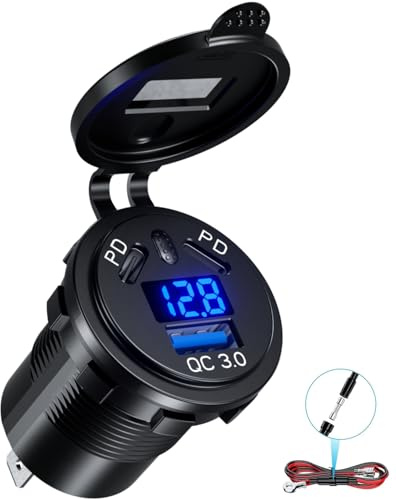 Kewig 12 V USB C Socket Car Ladegerät Dual 45 W PD Typ C & 18 W QC3.0 USB mit digitalem Voltmeter und Wechseln Sie Mobiltelefon Schnellladung wasserdicht für Autoboot Motorrad | Wasserdichte Zigarettenanzünder USB Ersatz mit Schalter & Voltmeter, geeignet für Boot, Golfwagen, Wohnmobil, Motorrad, LKW
