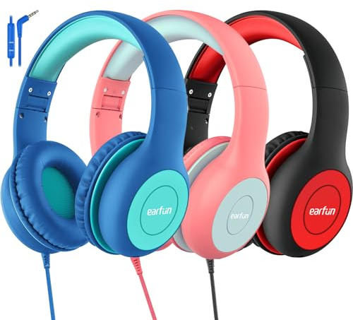 EarFun Lot de 3 casques filaires pour enfants avec microphone, limite de volume de 85/94 dB pour enfants, casque filaire portable avec port partagé, son stéréo, casque pliable pour école/tablette/iPad
