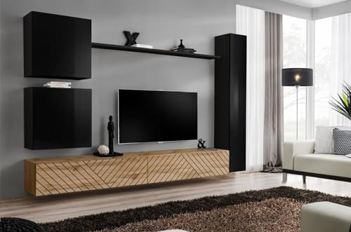 All4All Wohnwand SW VIII mit Lamellen - Wohnzimmermöbel - Schrankwand für Wohnzimmer - Wohnzimmerschrank - Anbauwand - Wohnwand Hängend - Modern - Mediawand -Möbel - Tv-Board - Schwarz+Wotan 21