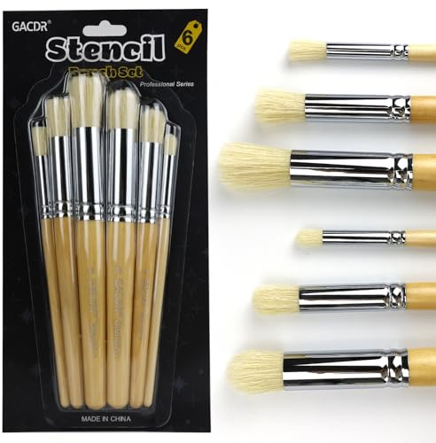 GACDR Schablonierpinsel Set, 6-Stück natürliche Borstenpinsel Schablone Pinsel für Malerei auf Holzwand, Schablone Projekte, DIY Crafts, Handwerk und Acryl Öl Aquarell Malerei Dome Stencil Brush