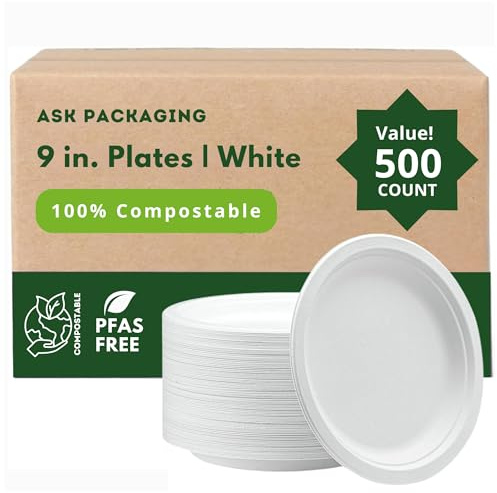 Strong Paper Plates 9 Inch 500 Pack, White Disposable Bagasse Plates | Microwave Safe, 100% Compostable, Heavy-Duty, Eco-Friendly, Biodegradable Plate, for Parties, Weddings, Picnics, Hot Food