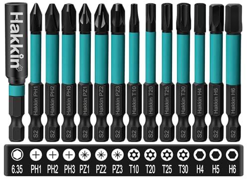 Torx Bits Set Lang Hakkin 13 Stück 60 mm Hex Bitsatz für Akkuschrauber Kreuzschraubendreher Schraubendreher Bits 1/4 S2 Pozidriv Phillips Schraubenzieher mit Bithalter T10 T20 T25 PH2 PZ2 H3 H4 H5