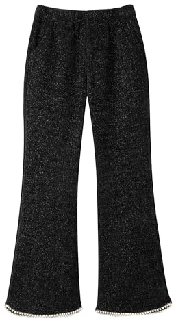 Rolanko Girls Corduory Trousers, Elastic Waist Shinny Ribbed Velour Flare Jogger Pants with Pearls, Black, Size: 120, 5-6 Years