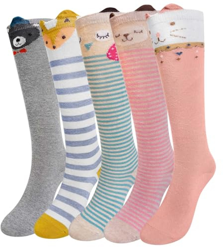 LOFIR Calzini Ginocchio Bambina Ragazze: Calze Lunghe Senza Cuciture in Cotone per Bambini - Calzelunghe Gambaletto Invernali con Righe Divertenti Colorati per Natale Regali 5 Paia Animali 23-26