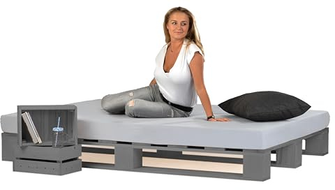 Lermowood Palettenbett M1 aus Holz 140 x 200 cm Grau mit Lattenrost Holzbett 20cm Stabiles Seniorenbett Kinderbett Jugendbett Gästebett erhöhtes Einzelbett Bettgestell Futonbett Komforthöhe
