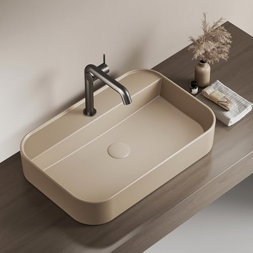 EMKE Lavabo da Appoggio Rettangolare, 60 x 40 x 11 cm,Beige opaco | per Bagno e WC Ospiti – Ceramica
