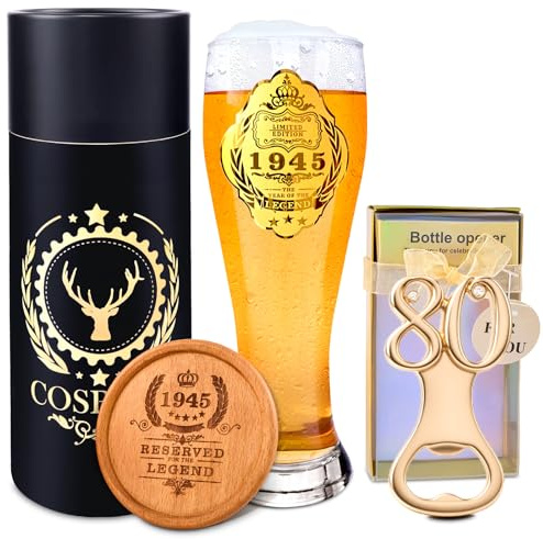COSBERY 1945 80th Birthday Gifts for Men Dad Him Grandad, 1945 Beer Glass 550ml, 80 Number Beer Bottle Opener, Wooden Coaster, 80th Birthday Present for Men, 80th Birthday Decorations