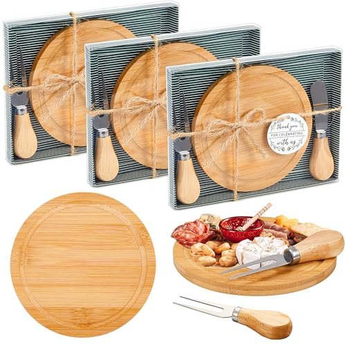 Maxcheck 3 Sets Baby Shower Bridal Game Prizes for Winners Round Cheese Board Set Wood Mini Charcuterie Board with Knives and Forks Bulk Thank You Card with Gift Box for Guests Wedding Favor (Bamboo)