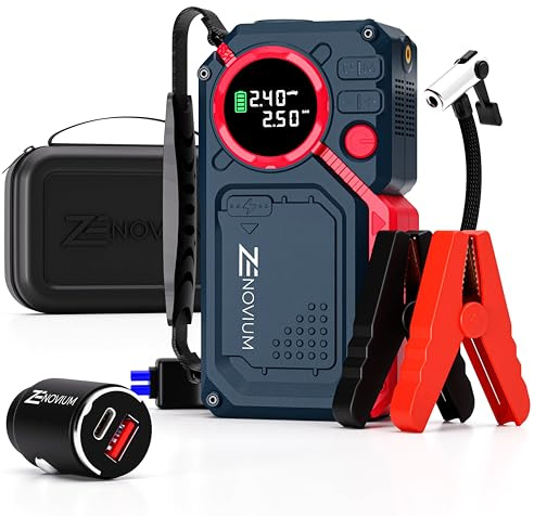 ZENOVIUM Booster Batterie Voiture avec gonfleur 2500A–18000mA–Marque française–Jump Starter ultrasafe-Démarreur Puissant avec Compresseur à Air 150PSI-Charge Rapide 3.0 -Etui imperméable.