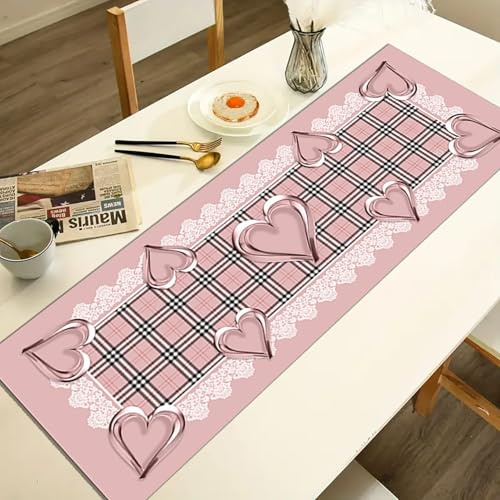 Runner da Tavola 140x50 cm in Microfibra Anallergica – Fantasia Cuori Rosa e Scozzese con Stampa Digitale HD – Elegante e Lavabile – Arredo Cucina e Sala – Made in Italy