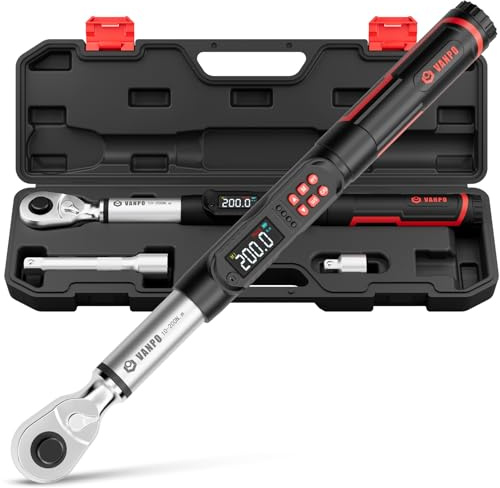 VANPO Clé Dynamométrique Numérique 1/2 10-200NM pour Moto, Voiture | ±2% Précision Clés Dynamométrique/ Torque Wrench Électronique avec Vibration de la Poignée, Buzzer et Notification LCD