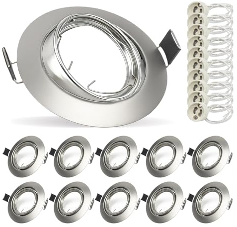 Cinsenten Pack of 10 LED Recessed GU10 Spot Light Trim 30° Tilt Ceiling Downlights Fittings for Nickel Chrome Spotlights Mounting Frame with GU10 Lamp Holder 240V, Diameter 90mm, Cutout 68-75mm