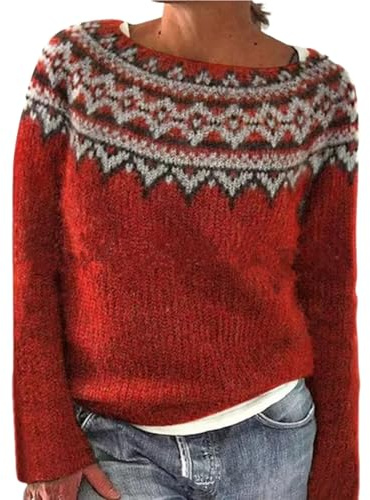 Generisch Norweger Pullover Damen Stricken Strickpullover Damen Winter Warm Damenpullover Rundhals Locker Winterpullover Mit Norwegermuster Langarm Langarmpullover Lässig Dicke Oberteile