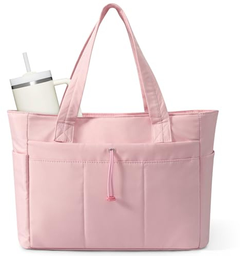 Tobriavor Bolso Mujer Tote bag, Acolchado Bandolera Grande con Compartimento para Portátil 15.6 y Portabotellas 40oz, cremallera Bolsa, para Shopper Playa Viaje, Trabajo, Playa, Ordenador (Rosa)