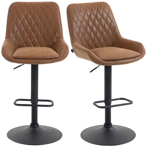 HOMCOM Breakfast Bar Stools Set of 2 Height Adjustable Swivel Orange | PU Leather Upholstered Barstools, Wide Seat, Backrest, Large Base, Footrest, Kitchen, Dining Room