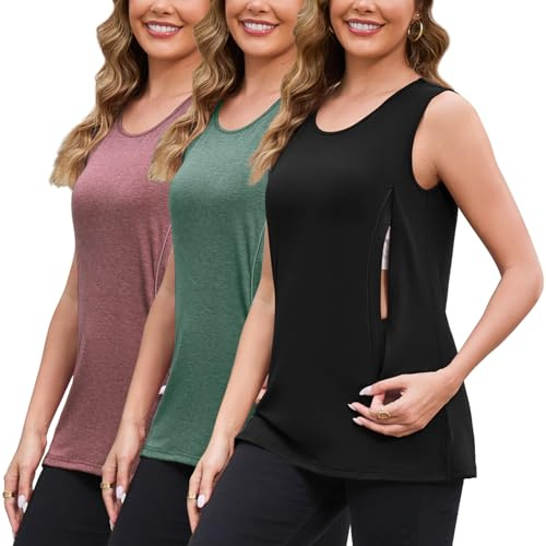 GINKANA Women's 3 Pack Nursing Tank Tops Hidden Zipper Breastfeeding Shirts Side Split Maternity Nursing Camisole,Burgundy/Green/Black,L
