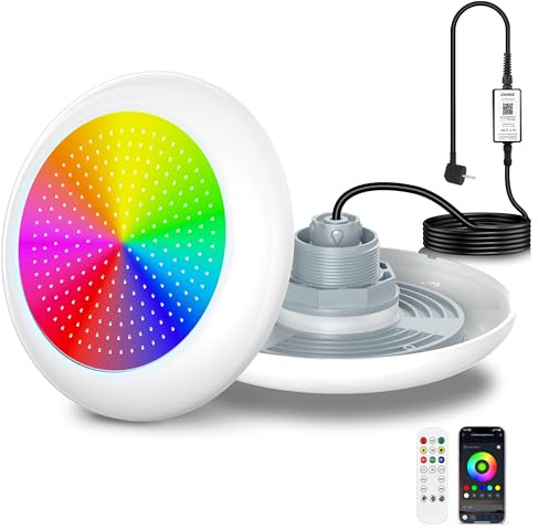 OSREE 25W Luci Piscina LED con Filettatura 2, 12V RGB Lampade per Piscinas Fuori Terra Acciaio, Controllo APP, Dimmerabile e Timer,IP68 Impermeabile Riempito Resina Faretto Piscinas con Cavo 9,5m