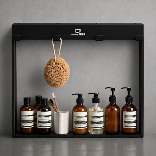 ShowerNIZR Duschregal Schwarz, Duschablage ohne Bohren aus Edelstahl | für Duschwand zum Hängen mit 4 Haken Passend an rahmenlose Glasdusche Moderne Optik samt platzsparender Badorganisation