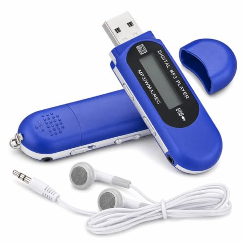 MENDUNER Lecteur MP3 USB Rétro, Lecteur de Musique Numérique Compact avec écran LCD, Compatible MP3/WMA, Stockage Extensible jusqu'à 32 Go, 20 Heures D'autonomie avec 1 Pile AA, Arrêt (Blue)
