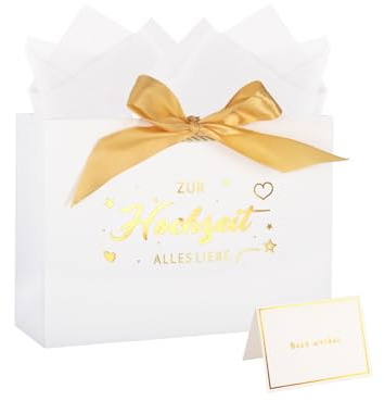 Geschenktüte Hochzeit 28×20×10cm Hochwertige Geschenkverpackung mit Seidenpapier, Karte & Schleife Papiertüte für Hochzeit, Brautpaar(Weiß)