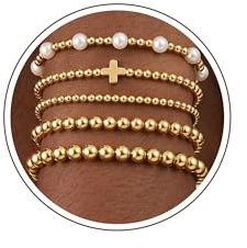 Maxcate 5 Stück Armband Damen Gold, 18K Gold/Silber Vergoldet armband Set | Bead/Perlen/Kreuz Armband Damen Elastisches Armbänder Set Geschenke Schmuck für Frauen Mädchen