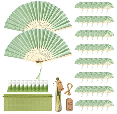 Fächer, 50 Stück Papierfächer-Set mit Dankeskarten Organzabeutel und Dekorationen 21 x 38 cm Handfächer für Hochzeit Geburttag Party DIY Dekoration (Grünes Papierfächer-Set)