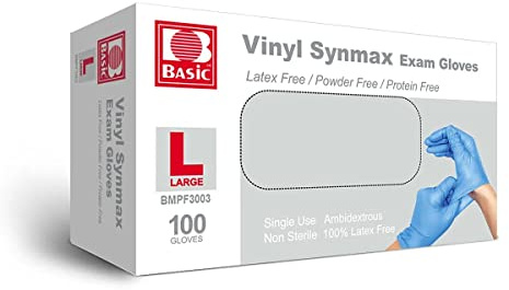 Basic Disposable Vinyl Gloves 100Pcs,Large Size,Cleaning Gloves,Food Service Gloves,Powder Free,Latex Free,Non-Sterile for All Purposes Gloves,Blue (BMPF3003)