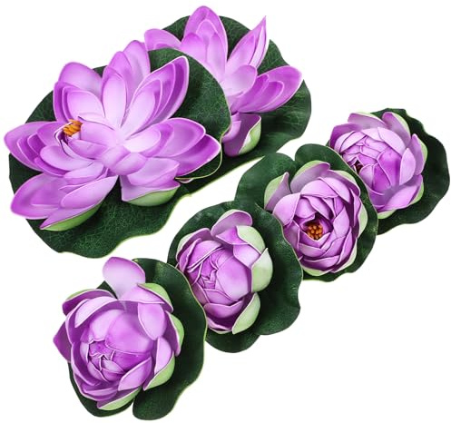 ULTECHNOVO 6pcs Artificial Floating Foam Lotus with Water Lily Pad, Decor Floating Pool Simulation Water Lilies Garden Floating Decoration Pond Plants Fake Artificial Purple Floor